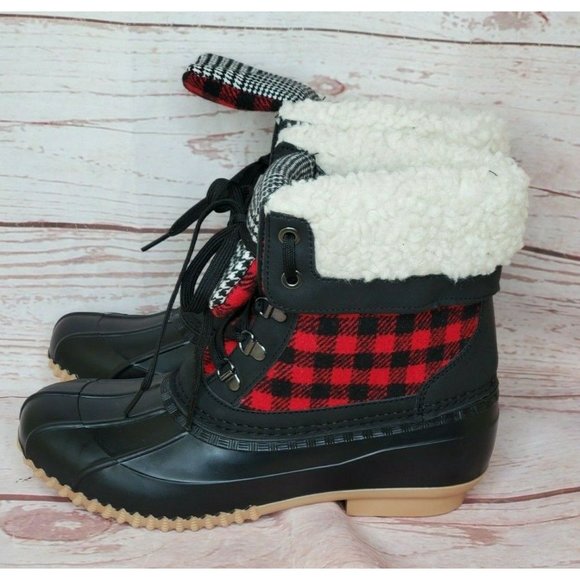 Nature Soft Comfortable Black Red Plaid Faux Fur Rain Snow Boots Cozy Size 8M - Picture 2 of 12